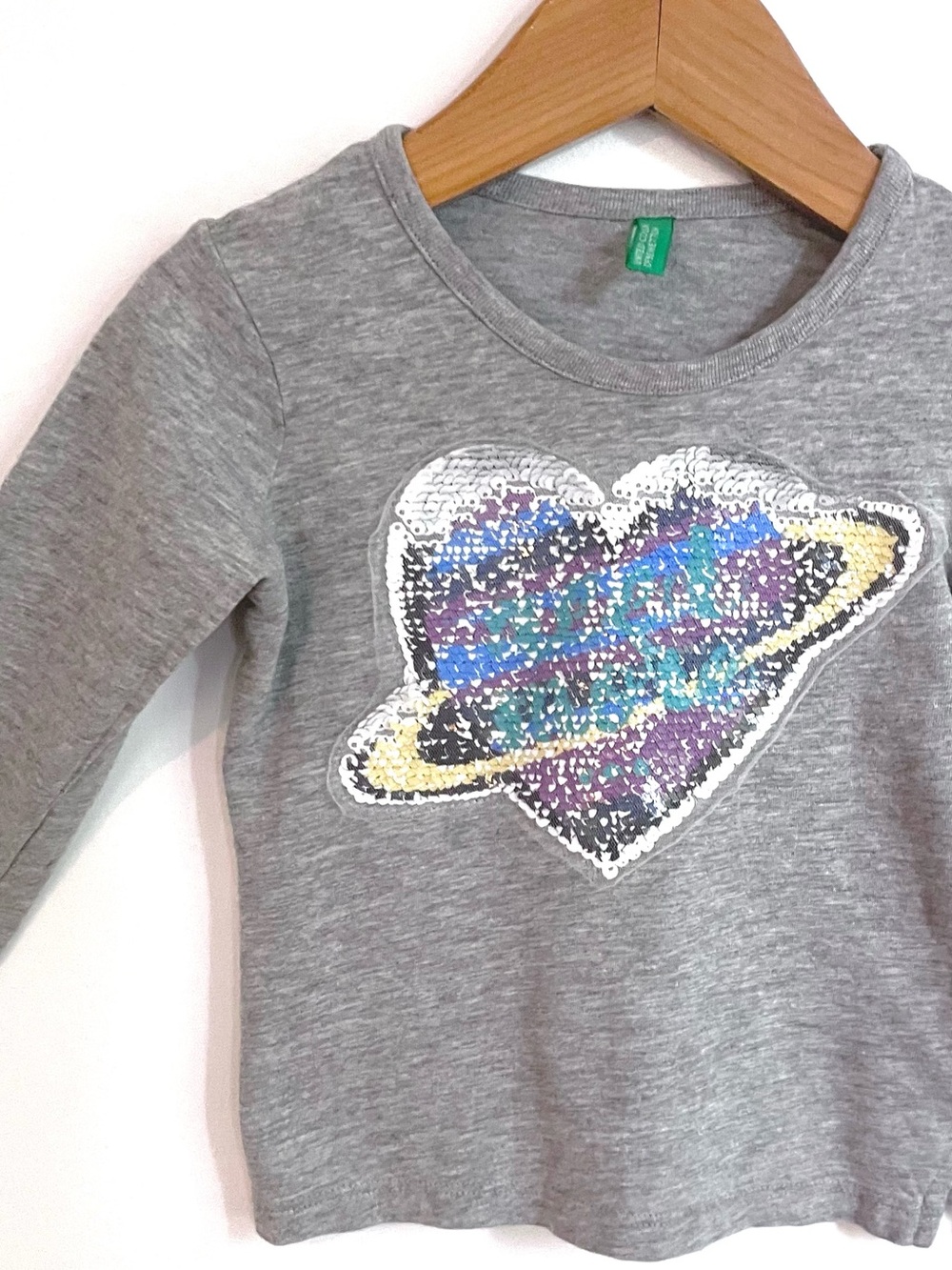 $6 💥Benetton Sequin Heart Planet Tee, Blue White Puple, Gray, Long Sleeve